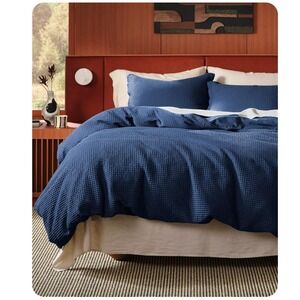 Bedsure Cotton Duvet Cover King - 100% Cotton Waffle Weave Navy Blue